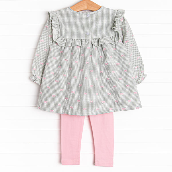 Brooksy Bows Embroidered Legging Set, Green Gingham