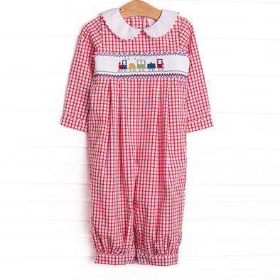 Train Time Smocked Romper, Red