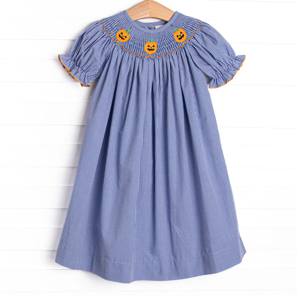 Jack O'Lantern Trio Smocked Bishop Dress, Blue