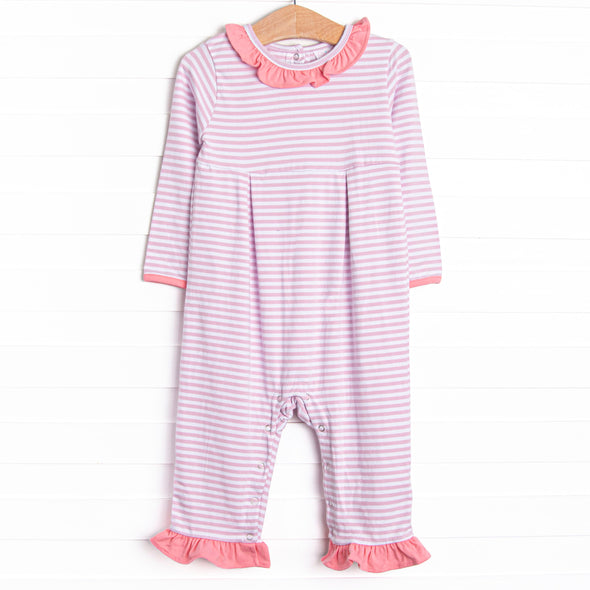 Lexie Ruffle Romper, Pink and Light Purple Stripe
