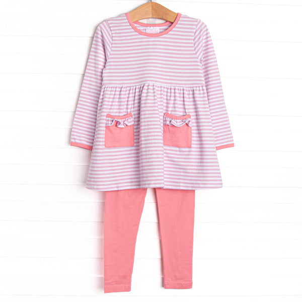 The set features soft knit material, purple stripes, and coordinating pink leggings to match.