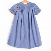 Jack O'Lantern Trio Smocked Bishop Dress, Blue