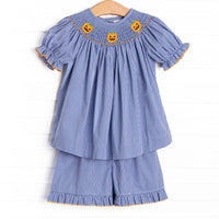 Jack O'Lantern Trio Smocked Ruffle Short Set, Blue