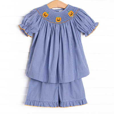 Jack O'Lantern Trio Smocked Ruffle Short Set, Blue