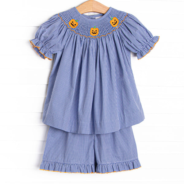 Jack O'Lantern Trio Smocked Ruffle Short Set, Blue