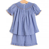 Jack O'Lantern Trio Smocked Ruffle Short Set, Blue