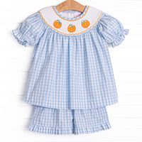 Happy Harvest Smocked Ruffle Short Set, Blue Check