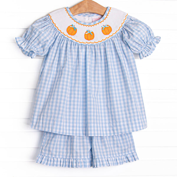 Happy Harvest Smocked Ruffle Short Set, Blue Check