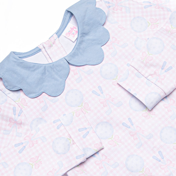 Golfing in Gingham Long Sleeve Scalloped Collar Legging Set, Pink