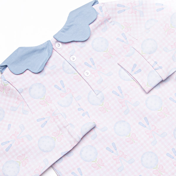 Golfing in Gingham Long Sleeve Scalloped Collar Legging Set, Pink