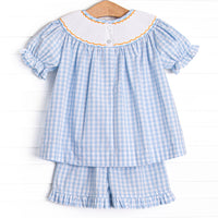 Happy Harvest Smocked Ruffle Short Set, Blue Check