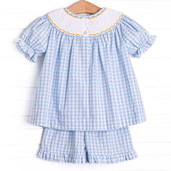 Happy Harvest Smocked Ruffle Short Set, Blue Check