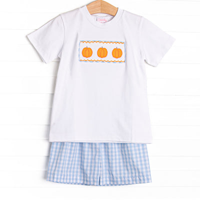 Happy Harvest Smocked Short Set, Blue Check