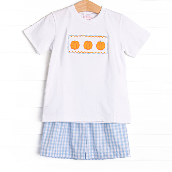 Happy Harvest Smocked Short Set, Blue Check