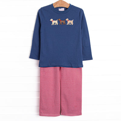  This set features a navy blue long sleeve top with puppy appliques. Coordinating red striped pants to match. 