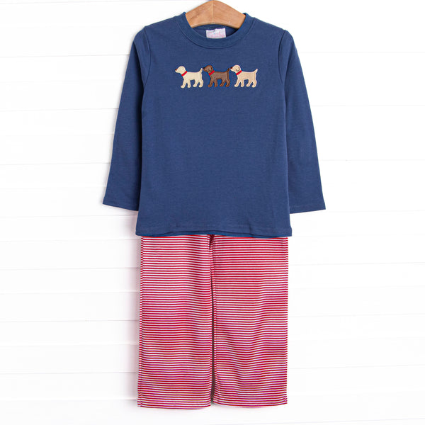  This set features a navy blue long sleeve top with puppy appliques. Coordinating red striped pants to match. 