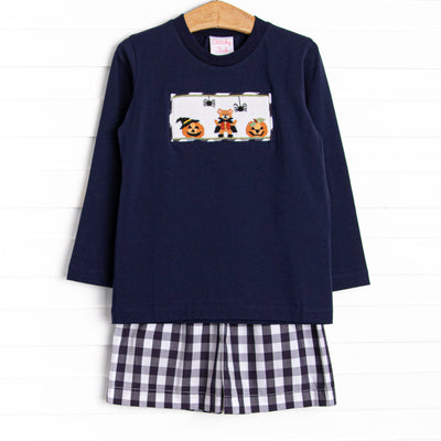 Teddy Trickster Smocked Long Sleeve Short Set, Blue