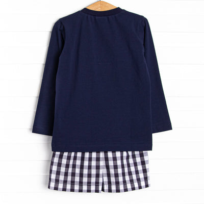 Teddy Trickster Smocked Long Sleeve Short Set, Blue