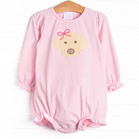  This bubble features pink stripes, ruffle trim and the cutest puppy applique. 