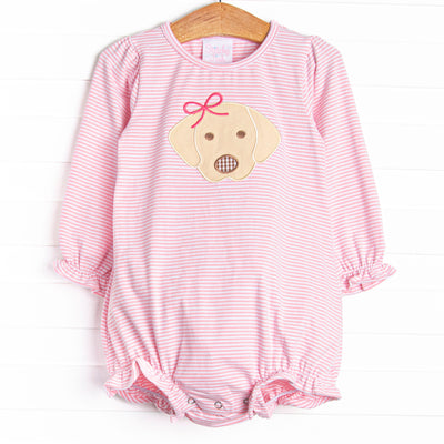  This bubble features pink stripes, ruffle trim and the cutest puppy applique. 