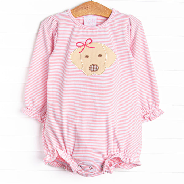  This bubble features pink stripes, ruffle trim and the cutest puppy applique. 