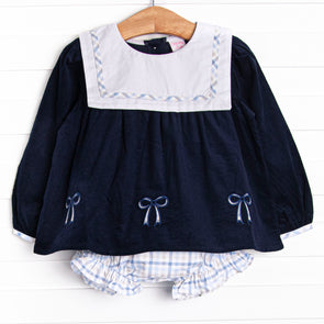 Poised Plaid Bows Applique Diaper Set, Blue