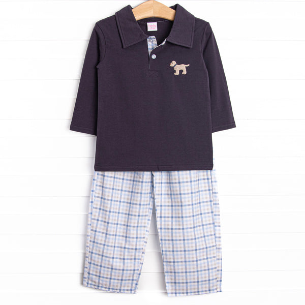 Poised Plaid Pup Embroidered Pant Set, Blue