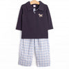 Poised Plaid Pup Embroidered Pant Set, Blue