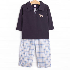 Poised Plaid Pup Embroidered Pant Set, Blue