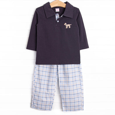 Poised Plaid Pup Embroidered Pant Set, Blue