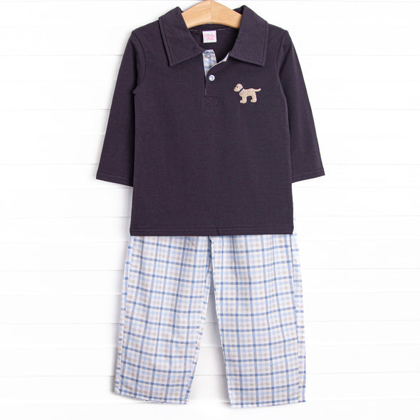 Poised Plaid Pup Embroidered Pant Set, Blue
