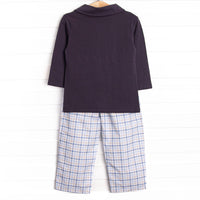 Poised Plaid Pup Embroidered Pant Set, Blue