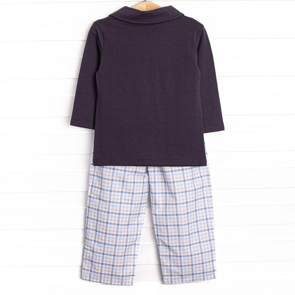 Poised Plaid Pup Embroidered Pant Set, Blue