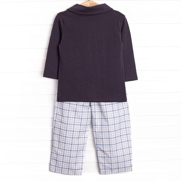 Poised Plaid Pup Embroidered Pant Set, Blue