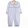 Poised Plaid Pup Embroidered Romper, Blue