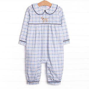 Poised Plaid Pup Embroidered Romper, Blue