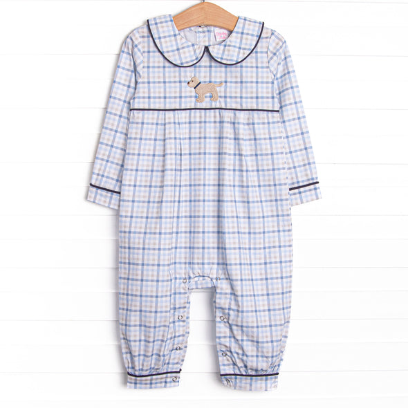 Poised Plaid Pup Embroidered Romper, Blue