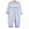 Poised Plaid Pup Embroidered Romper, Blue