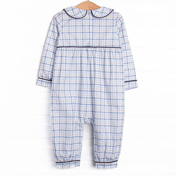 Poised Plaid Pup Embroidered Romper, Blue