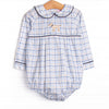 Poised Plaid Pup Embroidered Bubble, Blue