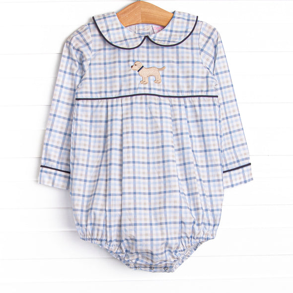 Poised Plaid Pup Embroidered Bubble, Blue