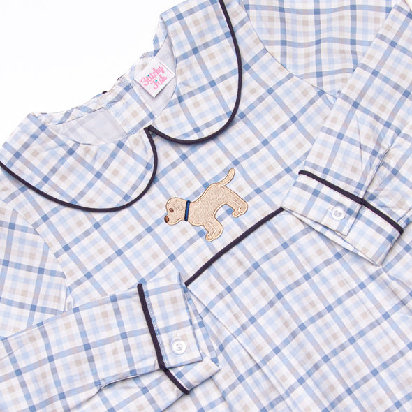 Poised Plaid Pup Embroidered Bubble, Blue