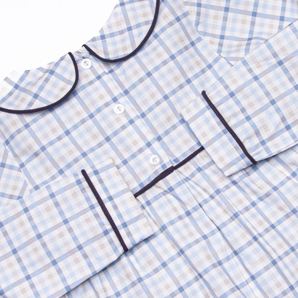 Poised Plaid Pup Embroidered Bubble, Blue
