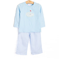 Gingham on the Green Applique Pant Set, Blue