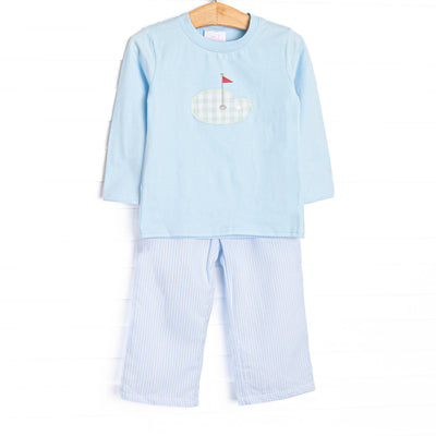 Gingham on the Green Applique Pant Set, Blue