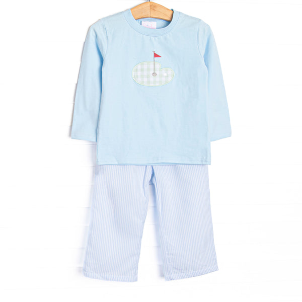 Gingham on the Green Applique Pant Set, Blue