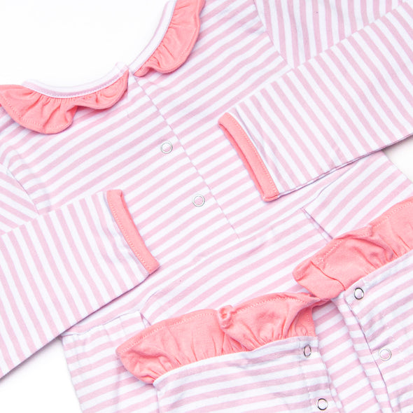 Lexie Ruffle Romper, Pink and Light Purple Stripe
