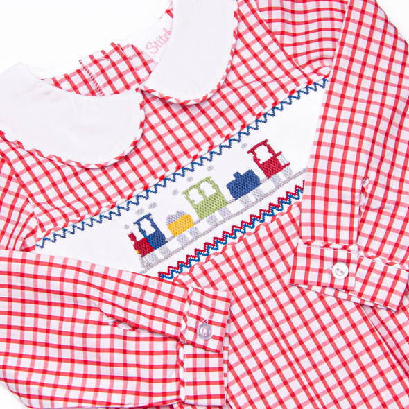 Train Time Smocked Romper, Red