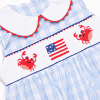 Patriotic Pinchers Smocked Dress, Blue