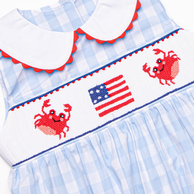 Patriotic Pinchers Smocked Dress, Blue